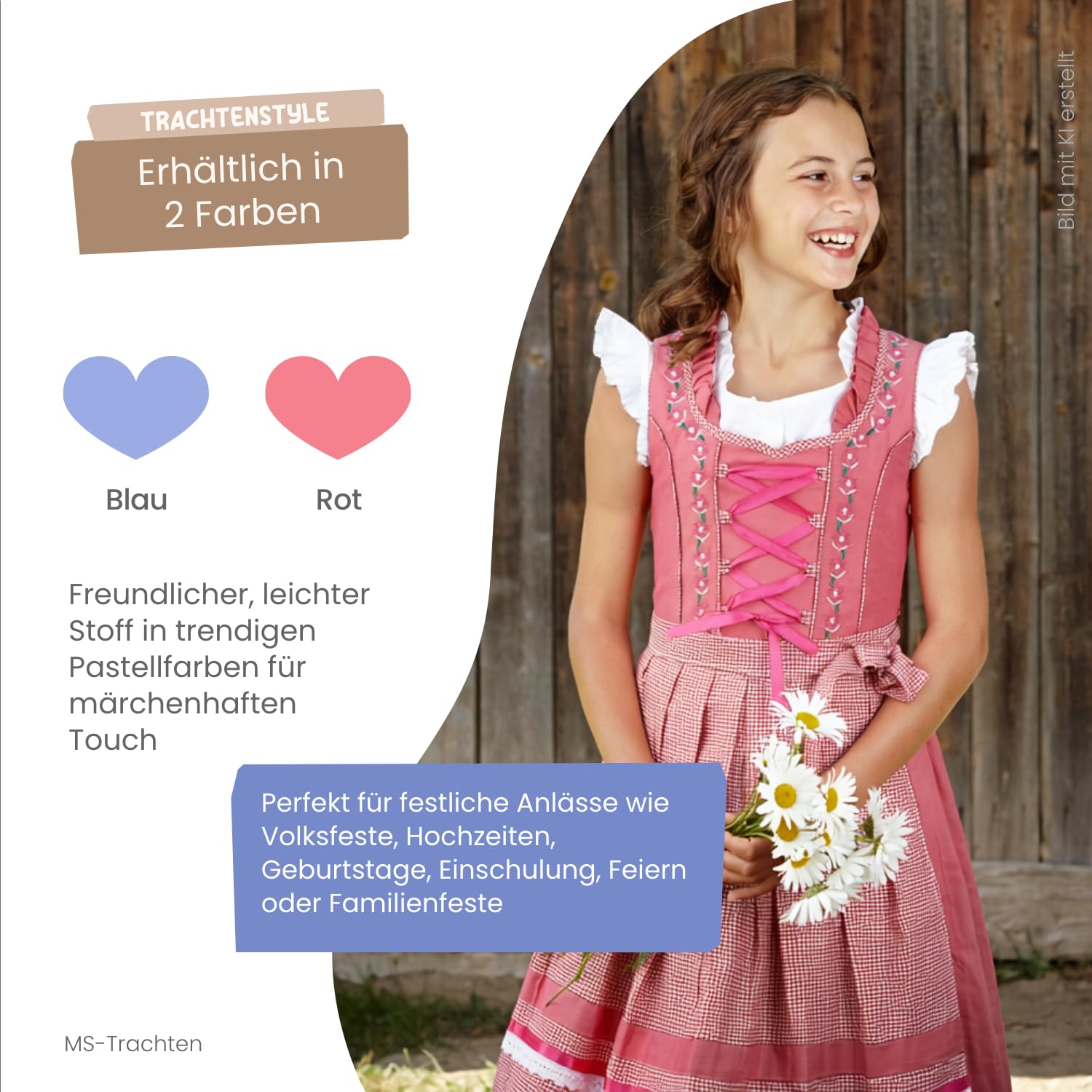 Kinderdirndl Mila – Kinder Dirndl blau rot mit Bluse 3 teilig – traditionelles Trachtenkleid für Mädchen