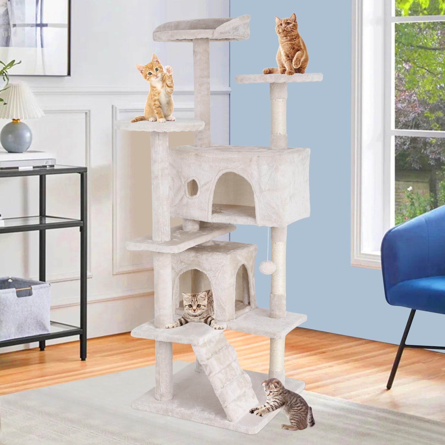 Cat Tree 54 Inches Cat Tower for Indoor Cats Multi-Level Cat Condo with Litter Box Enclosure,Scratching Posts for Indoor Cats (Beige)…