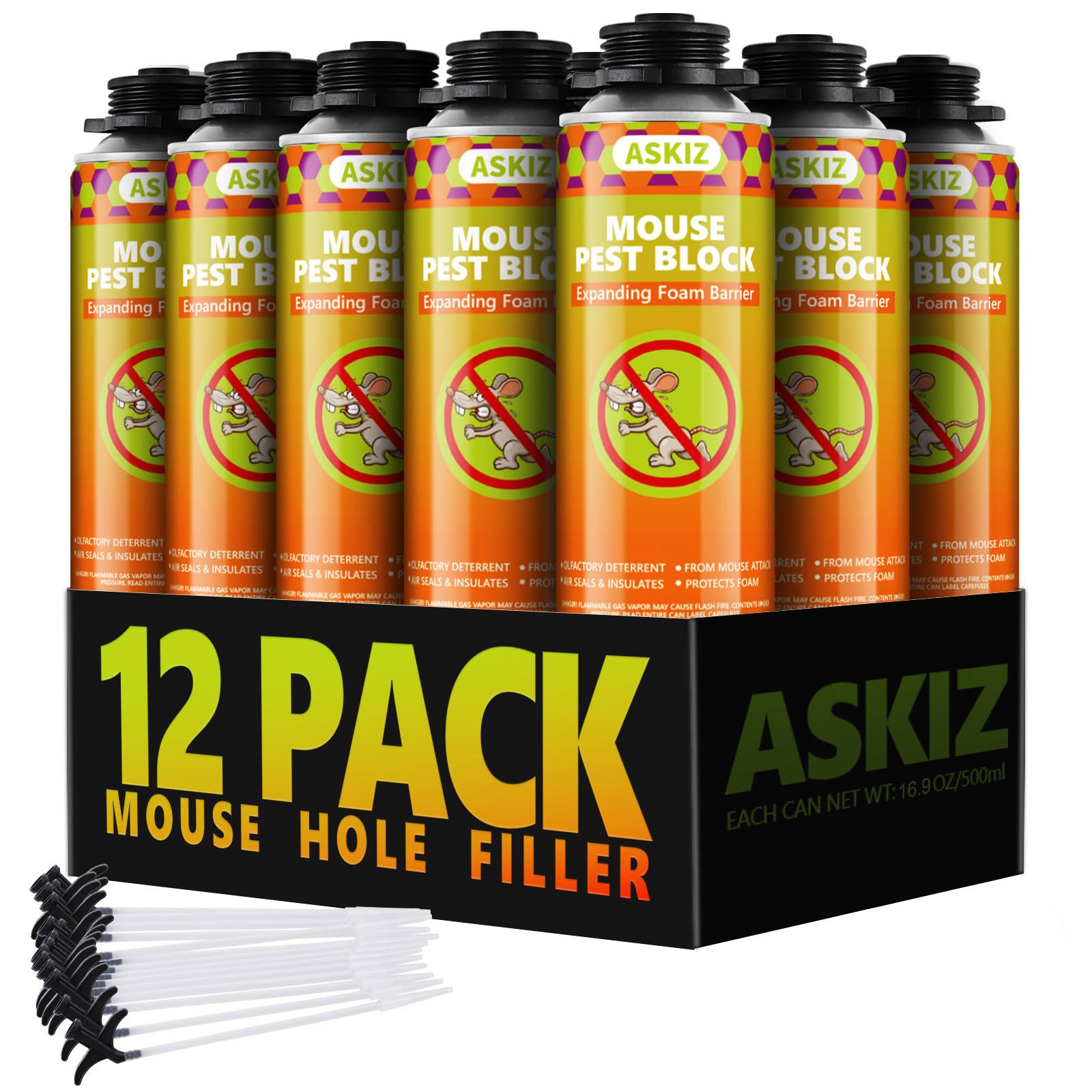 ASKIZ Rodent Block Spray Foam (12x16.9 oz) Mouse Hole Filler Barrier to Keep Mice from Entering The Home, Wall Gap Filler Expanding Foam Sealant