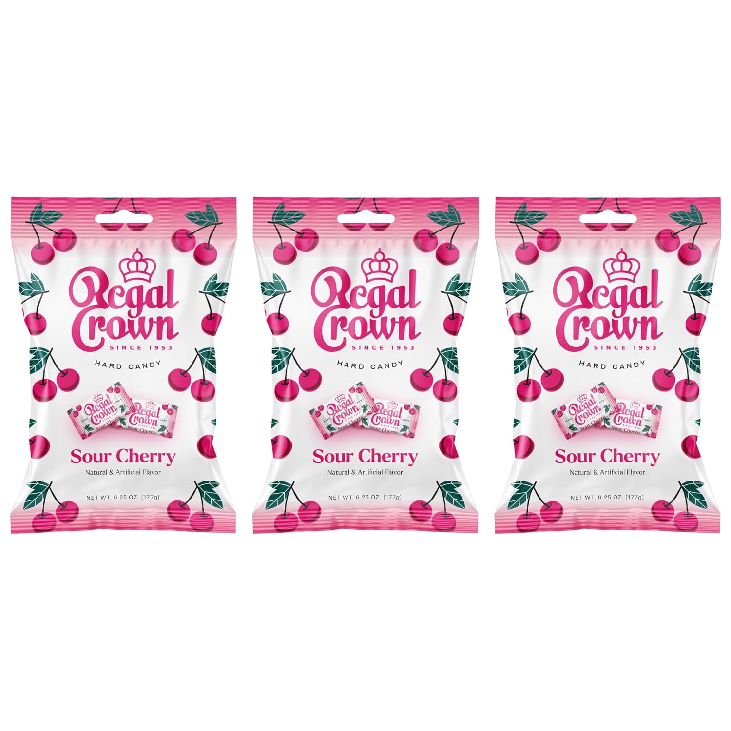Regal Crown Sour Cherry Candy | Traditional Sour Cherries Candy | Tart and Tangy Old Fashioned Sour Cherry Hard Candy Brought To You By Iconic Candy | 6.25oz Peg Bag (3)