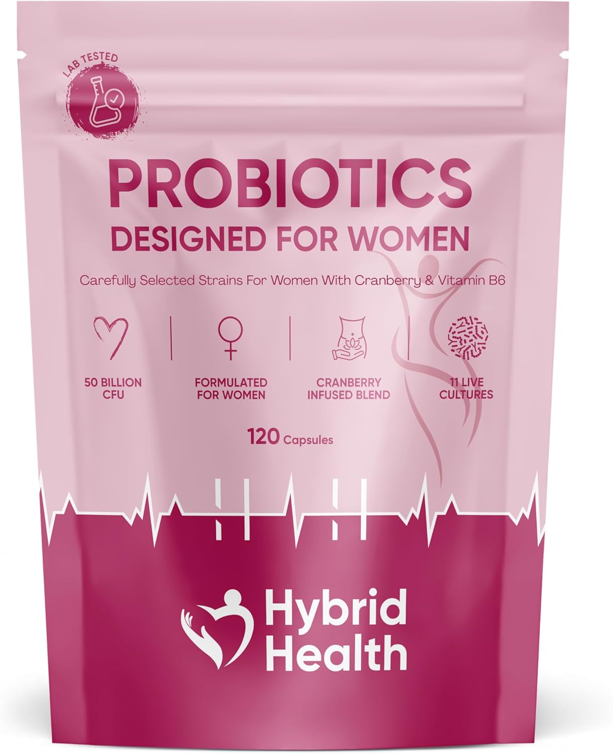Hybrid Health Probiotics for Women Supplement – 50 Billion CFU Womens Probiotics, 120 Vegan Capsules, 11 Probiotic Researched Strains with Prebiotics, Cranberry Extract & Vitamin B6