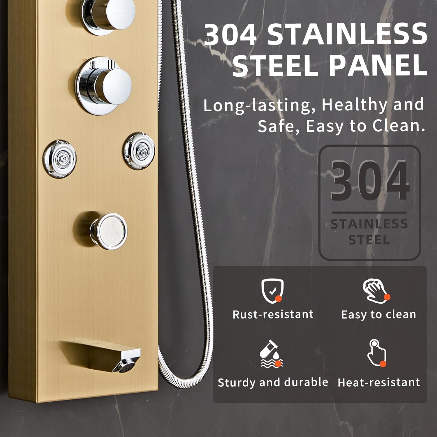 Shower Panel Tower System Shower Panel Tower with Powerful Body Jets, Rainfall, Waterfall,Handheld and Tub Spout,Stainless Steel LED Shower Column - Brushed Gold