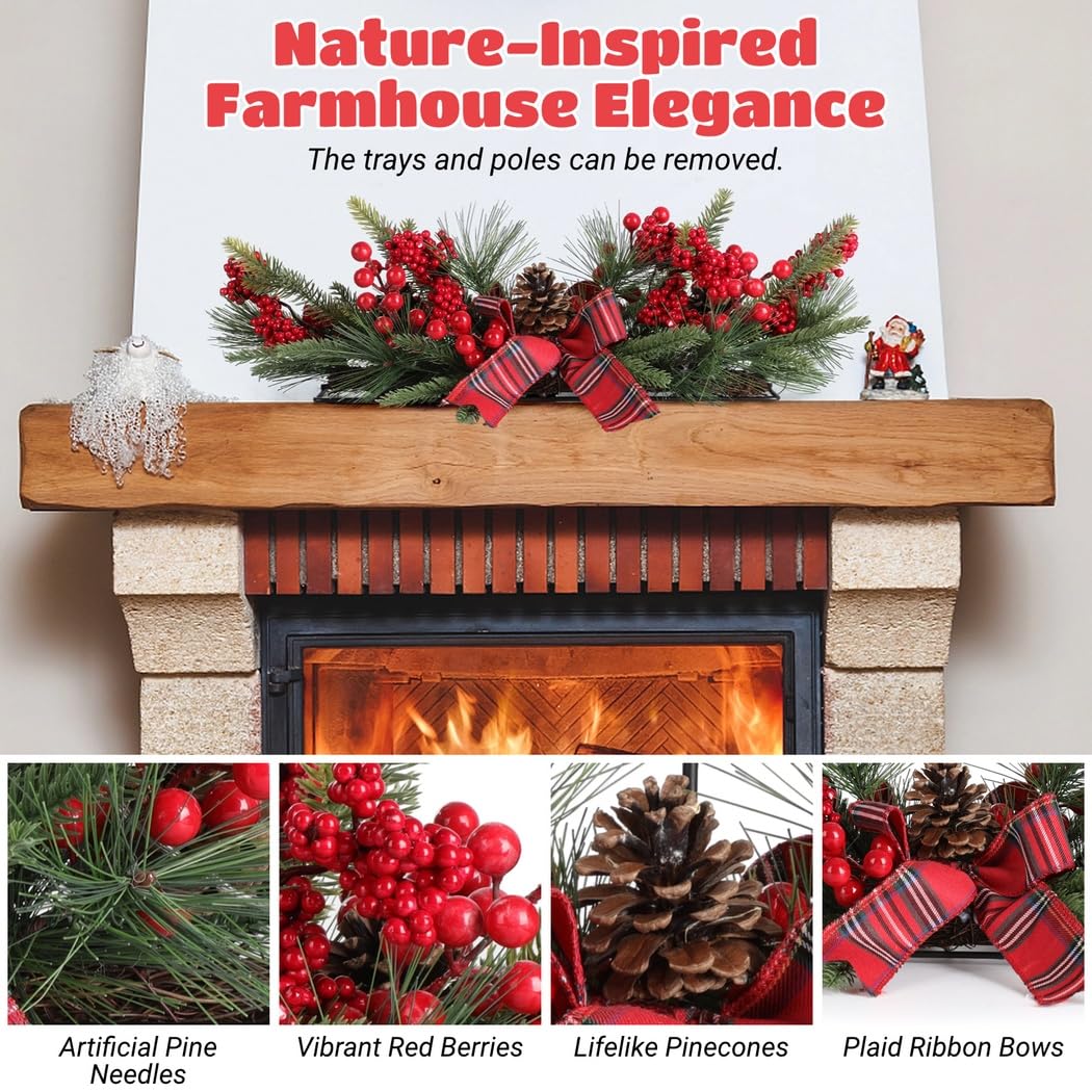 Portavelas de Navidad con cuerda de luz blanca cálida, 8 centros de mesa de panal, portavelas 3 en 1 con bayas rojas y lazos de cinta, decoraciones de Navidad de Papá Noel para el hogar