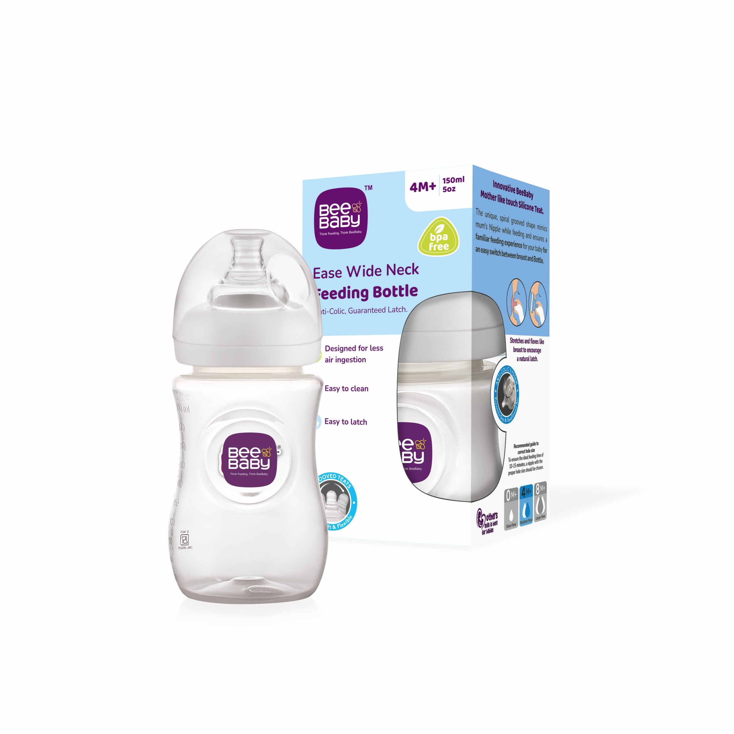 BeeBaby Ease Wide Neck Baby Feeding Bottle with Anti-Colic Soft Silicone Nipple for Newborns, Infants, Kids. Easy to Latch. 100% BPA Free. (1, White, 300 ML)-image-23