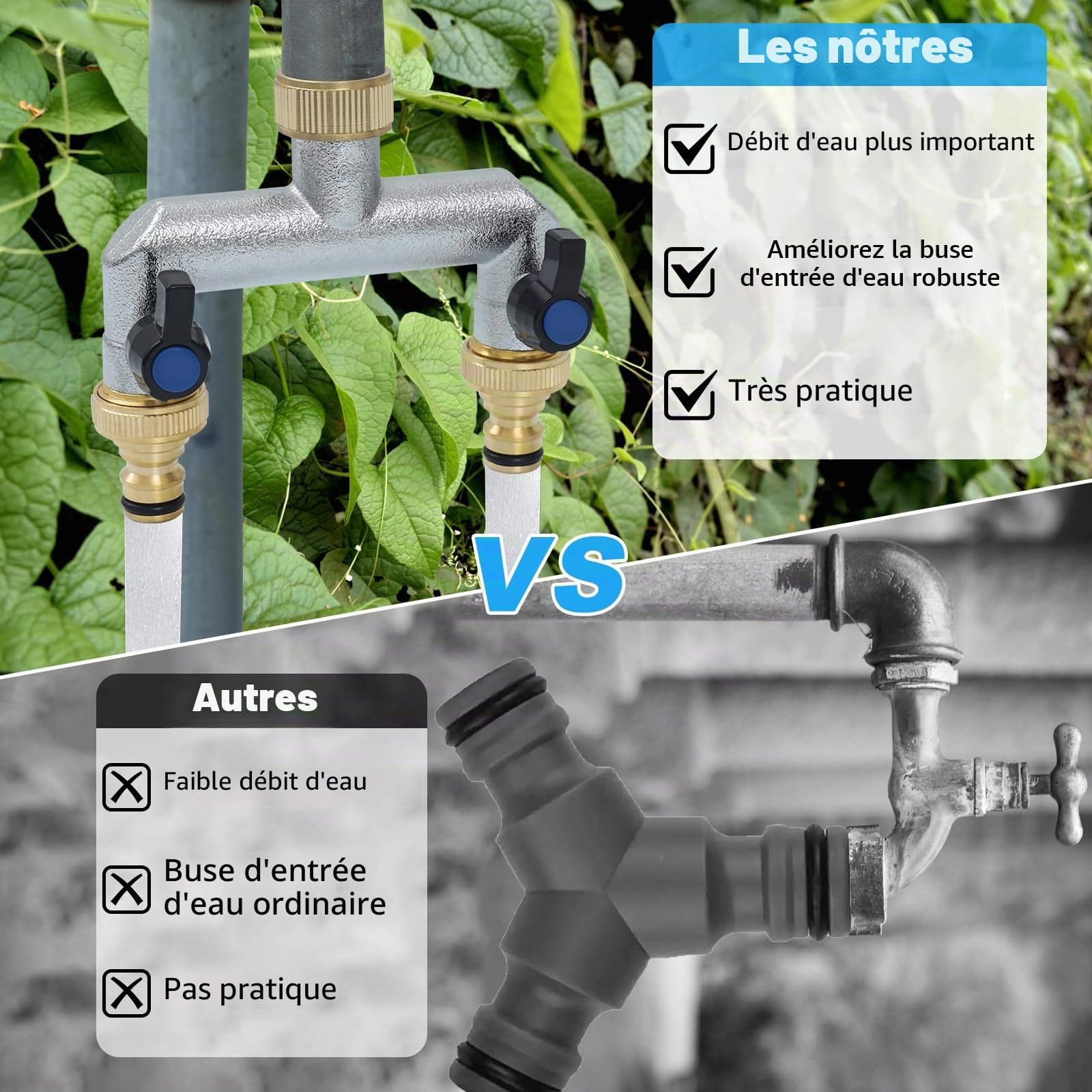 Robinet Distributeur 2 Voies, Adaptateur de Tuyau D'arrosage 3/4, Distributeur D'eau à 2 Voies de avec à Boisseau Sphérique, Vanne 2 Voies Distributeu D'eau Les systèmes d'irrigation