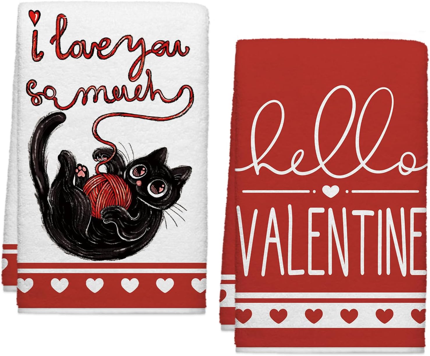 Hello Valentines Day Cat Kitchen Towels, Red Heart Dish Towels Set of 2, Spring Cute Black Cat with Yarn 18 x 26 Inch Hand Towel Quick Drying Dishcloth Decor for Kitchen Bathroom Home