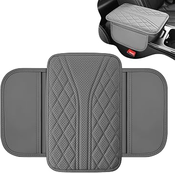 Car Center Console Cover with 2 Storage Bags, Leather Armrest Pad, Gray