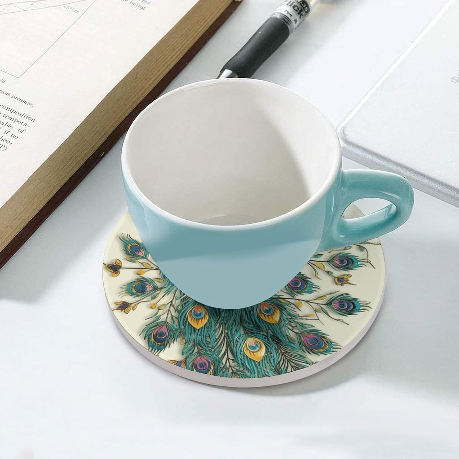 Peacock Pattern Coaster with Cork Base Drink Coasters for Coffee Table Decor Modern Cup Coasters with Non-Slip & Heat-Resistant Cute Ceramic Table Coaster for Home Dining