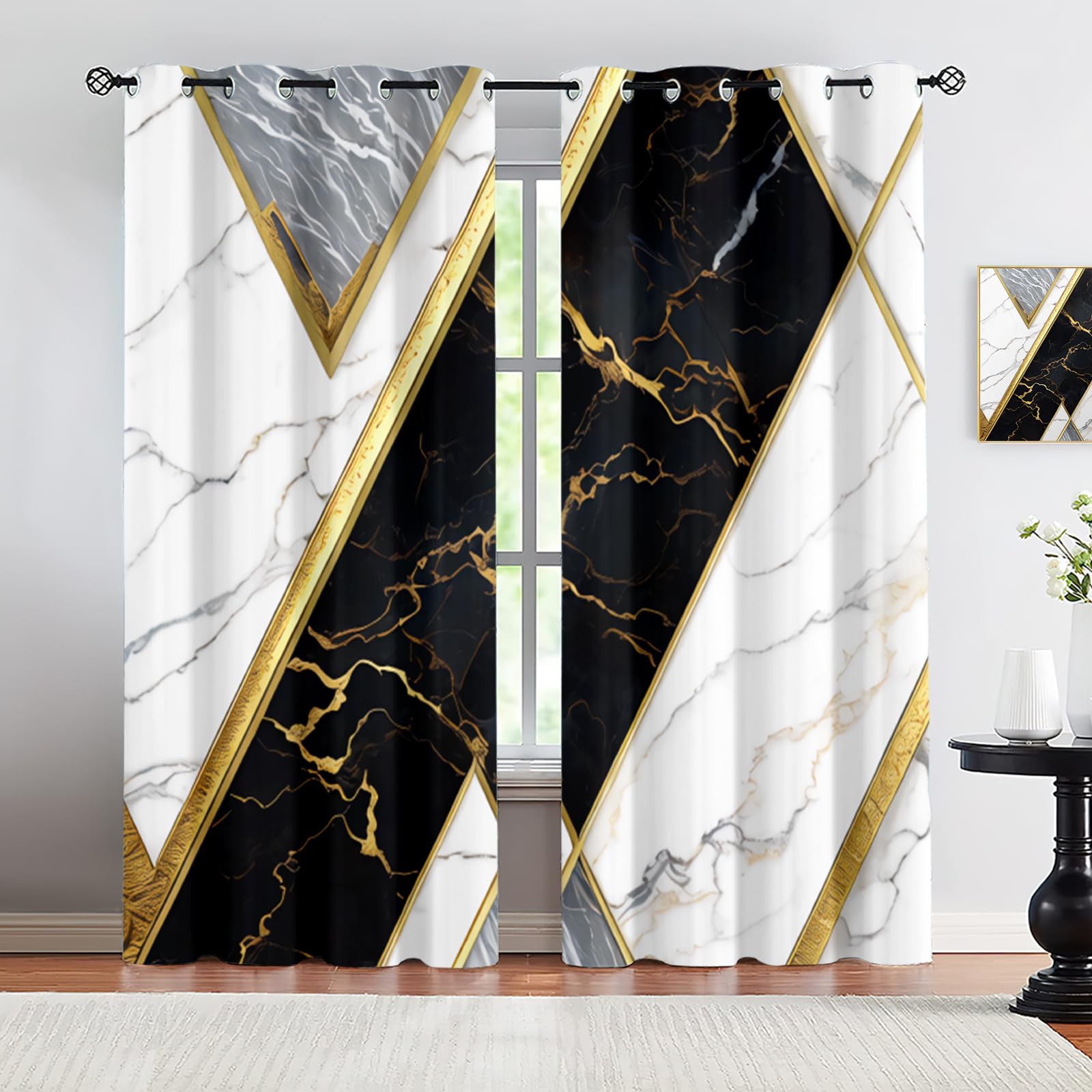 FELIAOQ Black Gold Living Room Blackout Curtains, White Marble Print Curtains, 2 Panel Curtains, Grommet Thermal Insulation Curtains for Bedroom