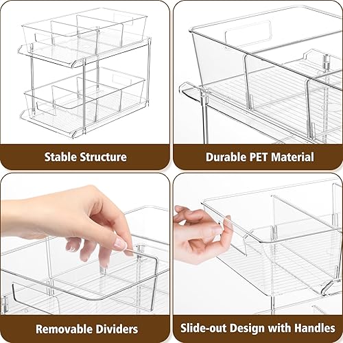 Miniatura 9 de Organizador extraíble para el hogar, paquete de 2 organizadores de baño transparentes de 2 niveles con divisores, bandeja multiusos para mostrador