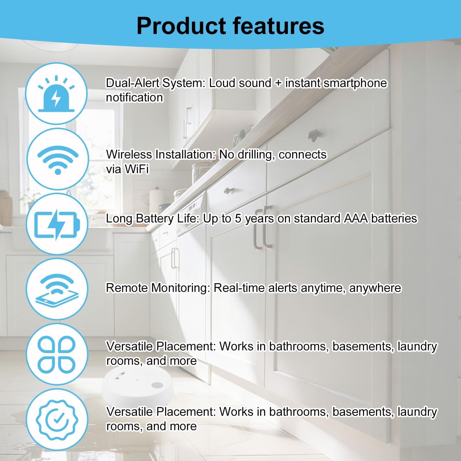 Detector Agua Inteligente WiFi Sensor de Alarma Audio Detector Inteligente de Fugas Agua Inundación Inalámbrico 110 dB para Lavabo Sótano Cocina Notificación App Impermeable IP66