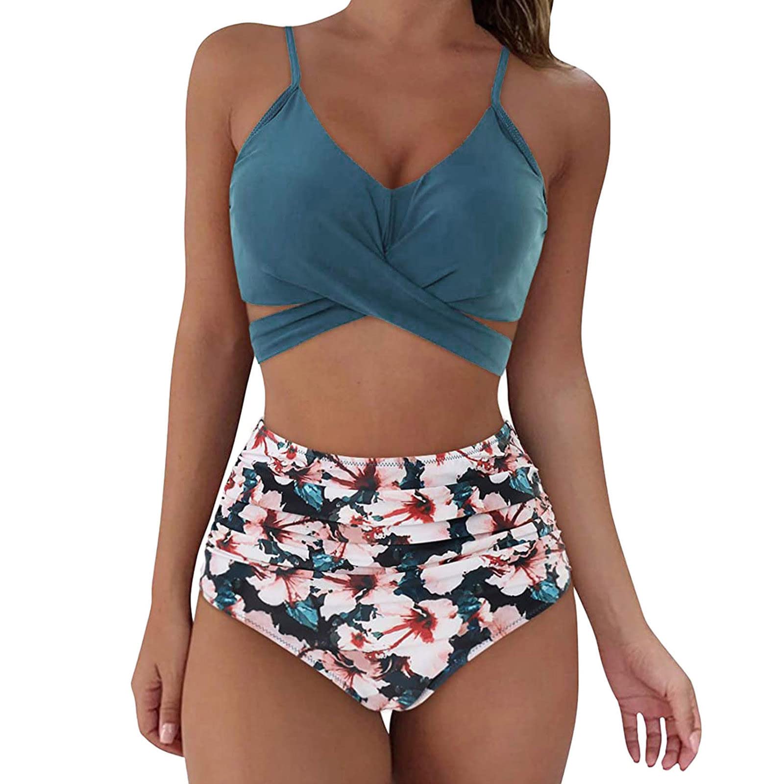 ZM1980sWomens Bikini Sets 2 Piece Swimsuit High Waist Bikini Sets for Women UK Sexy Push Up Cross Wrap Twist Front Tankini Sets Ladies Swimming Costumes Tummy Control Swimwear Plus Size Bathing Suit