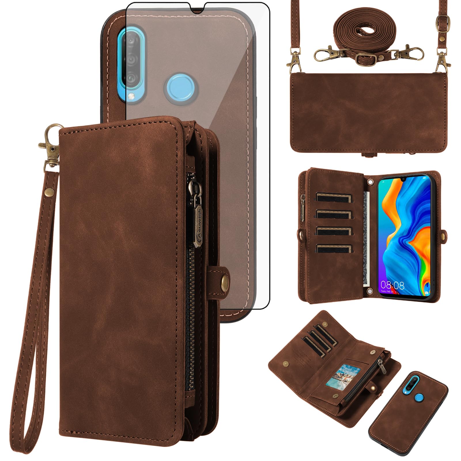 Asuwish Étui de téléphone pour Huawei P30 Lite/Nova 4E - Fermeture éclair - Étui portefeuille amovible avec protection d'écran en verre trempé - Bandoulière à rabat - Porte-cartes Hawaii P30Lite P 30