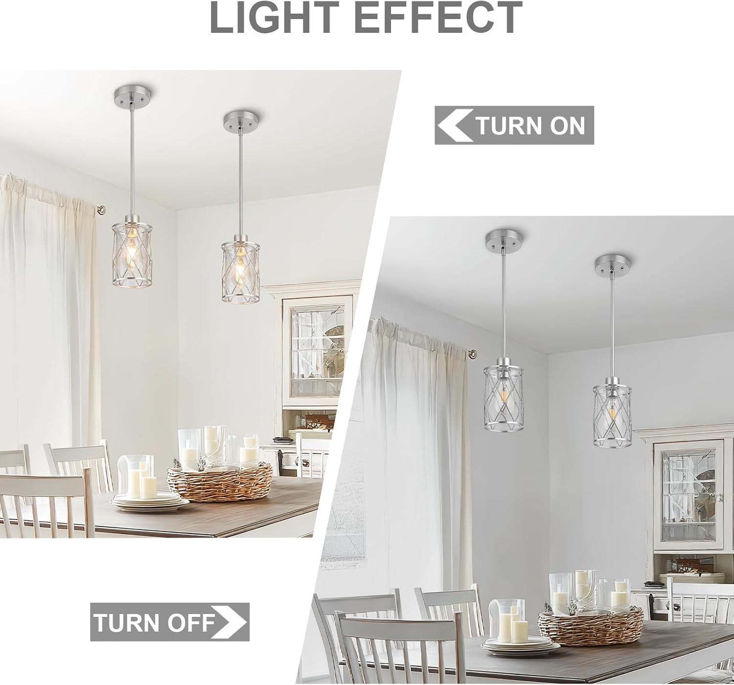 Refice Glass Pendant Lights Kitchen Island, Brushed Nickel Kitchen Hanging Light with Clear Glass, Farmhouse Cage Mini Pendant Lighting for Sink Dining Room Bedroom Bar, 2 Pack