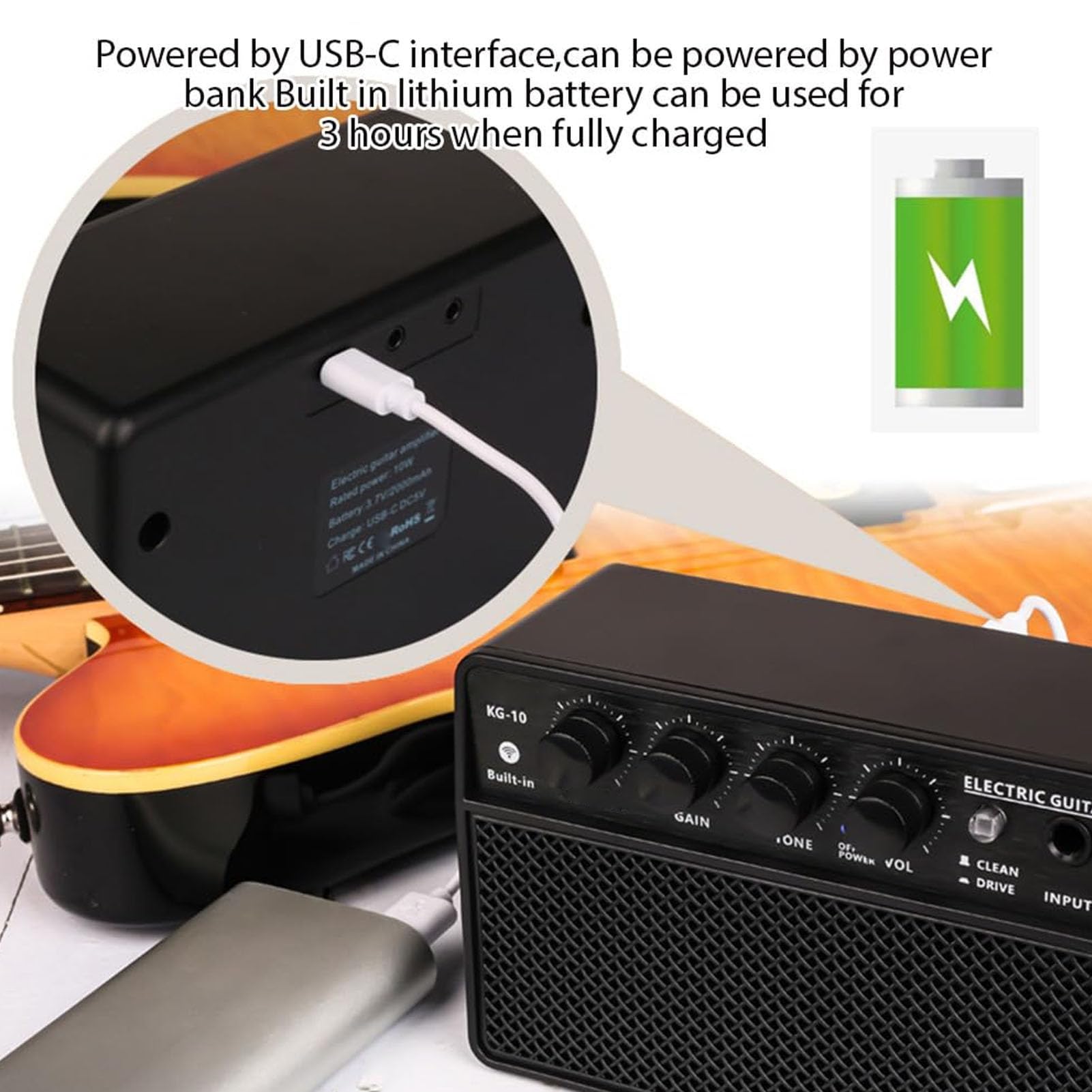 Ejoyous Mini Amplificatore per Chitarra, Amplificatore per Chitarra Elettrica Portatile Ricaricabile con di Comando Puliti da 10 W