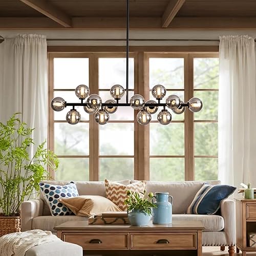 Miniatura 8 de APLampar - Lámpara de araña moderna de mediados de siglo con 16 luces, lámpara lineal de burbujas, lámpara colgante negra con vidrio gris ahumado