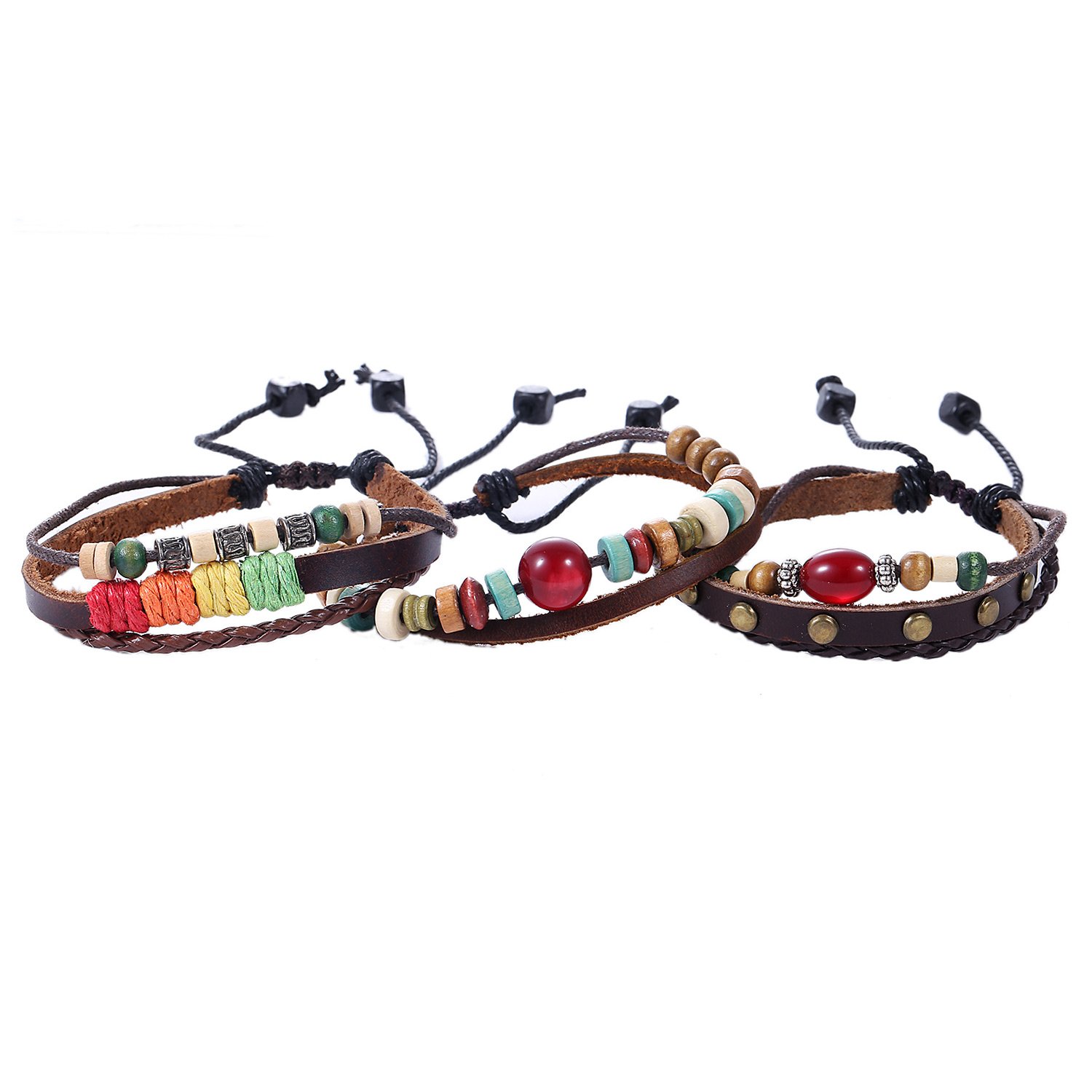 – Women's Braided Leather Bracelet Set 3 Pieces