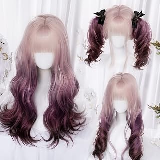 XiongXiongLe Long Wave Curly Hair Costume Wig Harajuku Style Women Gold Purple Gradient High Temperature Silk Wig for Gril Daily Wear Music Festival Themed Parties Halloween Wedding