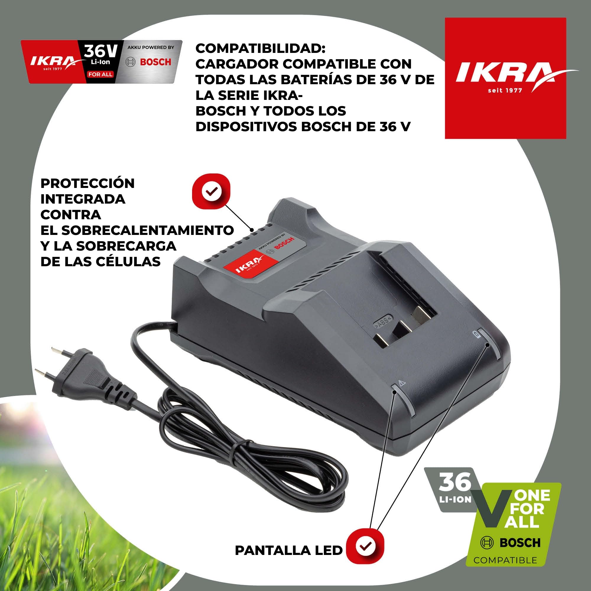 IKRA Cargador de batería 36V estación de Carga Tipo AL 36V-20 indicador LED | Compatible con los aparatos Bosch de 36V, protección integrada de las celdas contra el sobrecalentamiento y la sobrecarga