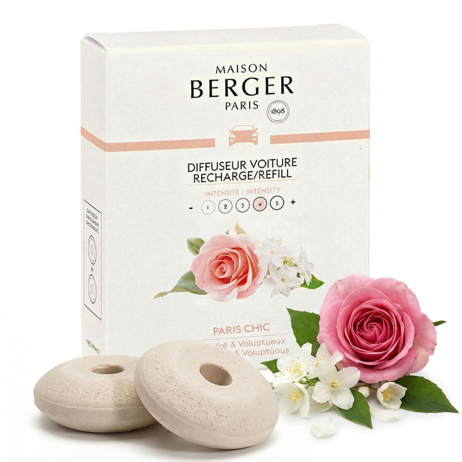 MAISON BERGER Set of 2 Car Odor Diffuser Refill - Ceramic System - 4/6 Weeks Ceramic Diffusion Time - Lampe Fragrance - Made in France (Paris Chic)