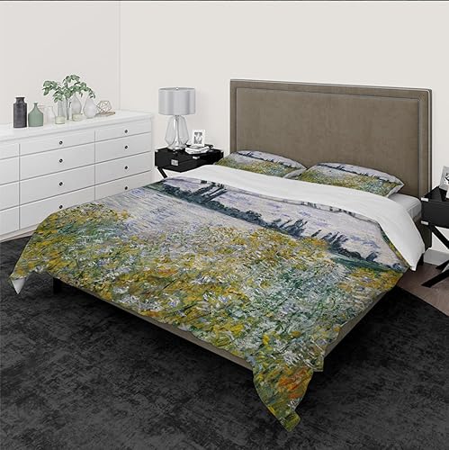 Miniatura 2 de Funda nórdica de microfibra Ultra Suave incluye 1 funda nórdica y 2 almohadas - 3 piezas Funda de edredón de flores amarillas Claude Monet River