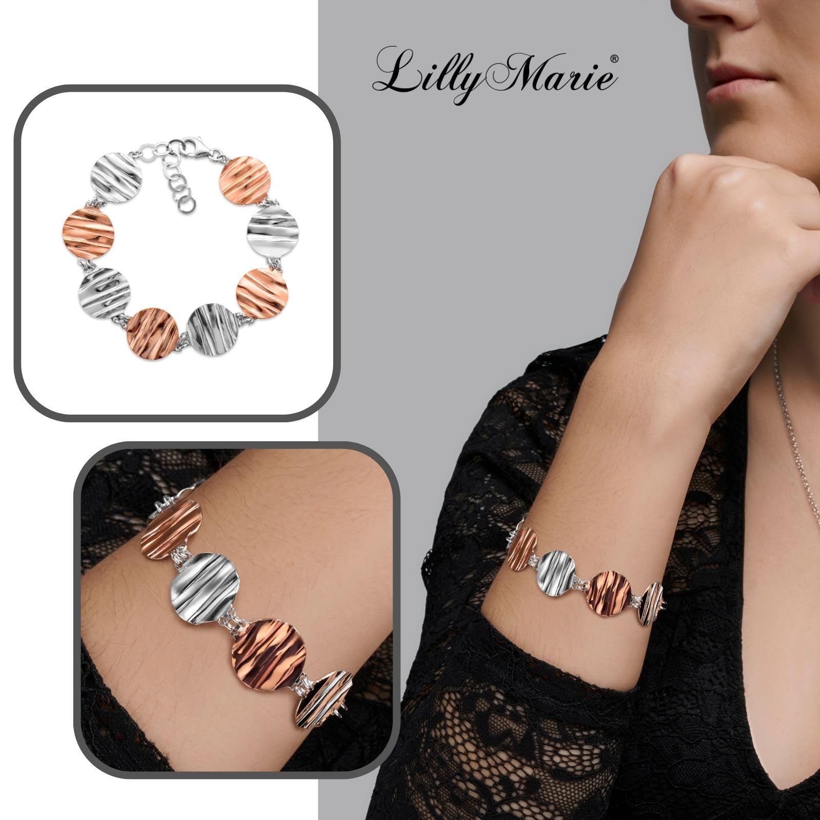 LillyMarie Damen Armband Aus Sterlingsilber Mit Zweifarbigem Design Und Karabinerverschluss