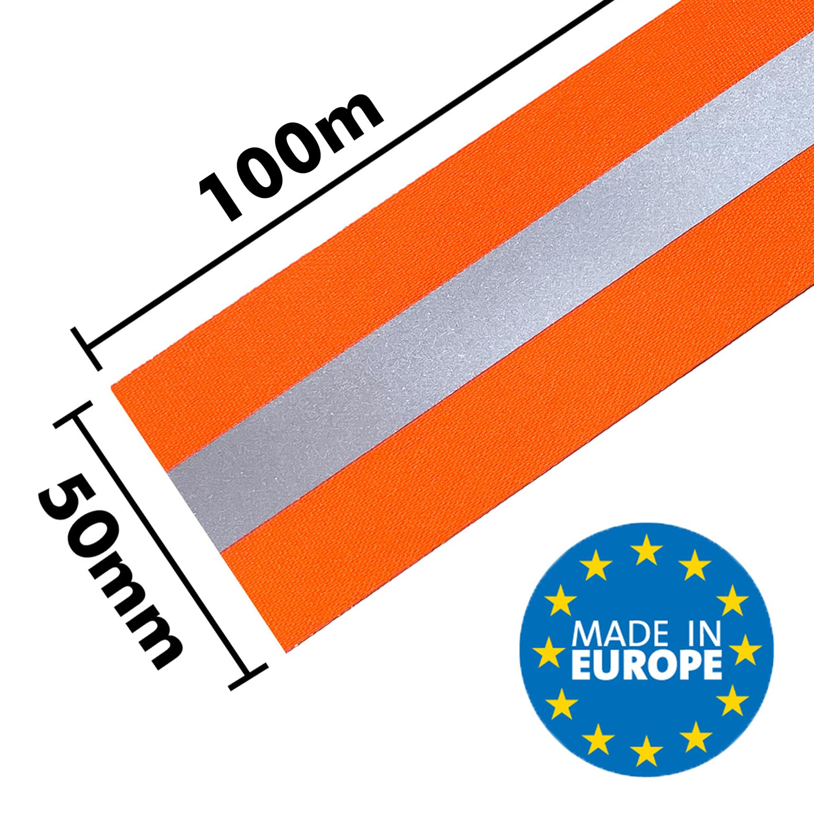 Bande Réfléchissante 100% Polyester 100 Mètres x 50 mm Orange Fluo Ruban de Sécurité Haute Visibilité Réfléchissant≥300