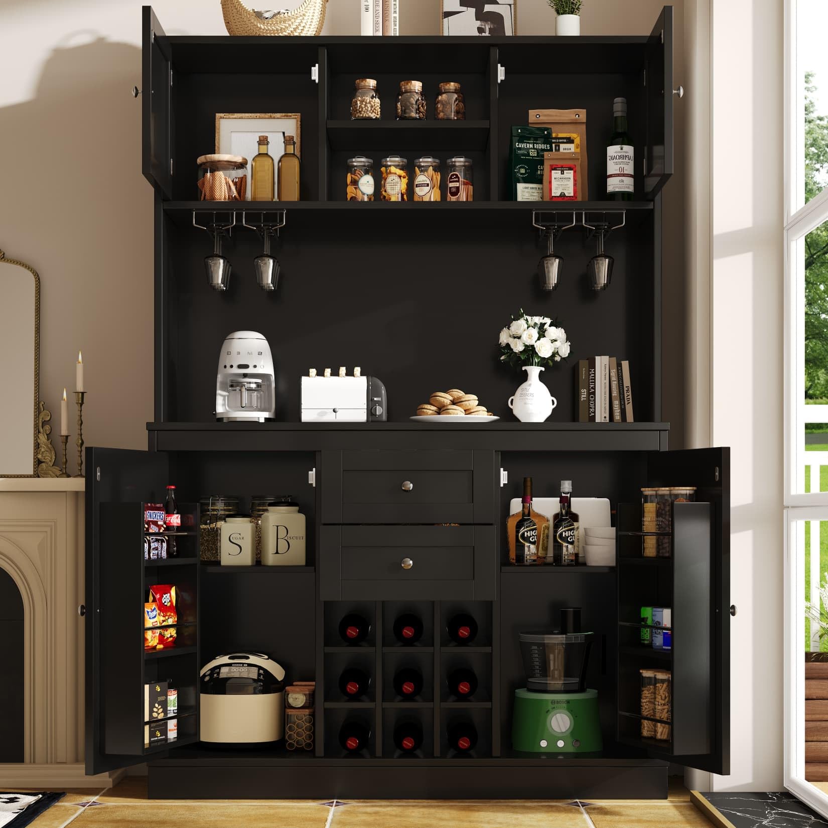 PUGSDRLY Buffet de Cuisine avec 4 Portes et 2 Tiroirs,Meuble de Rangement avec étagères réglables et casier à vin,Buffet Haut pour Cuisine,Salon et Salles à Manger,120x40x188cm (Noir)