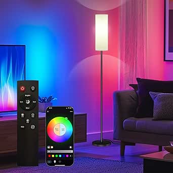 Smart LED Floor Lamp with APP Control & RGB Colors - Dimmable Standing Lamp for Living Room, Bedroom, Gaming - Remote, Timer, 9W Bulb Included, 67