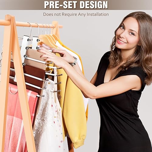 Miniatura 4 de Perchas para pantalones de 6 niveles, antideslizantes, ligeras, de acero inoxidable, paquete de 2, color blanco