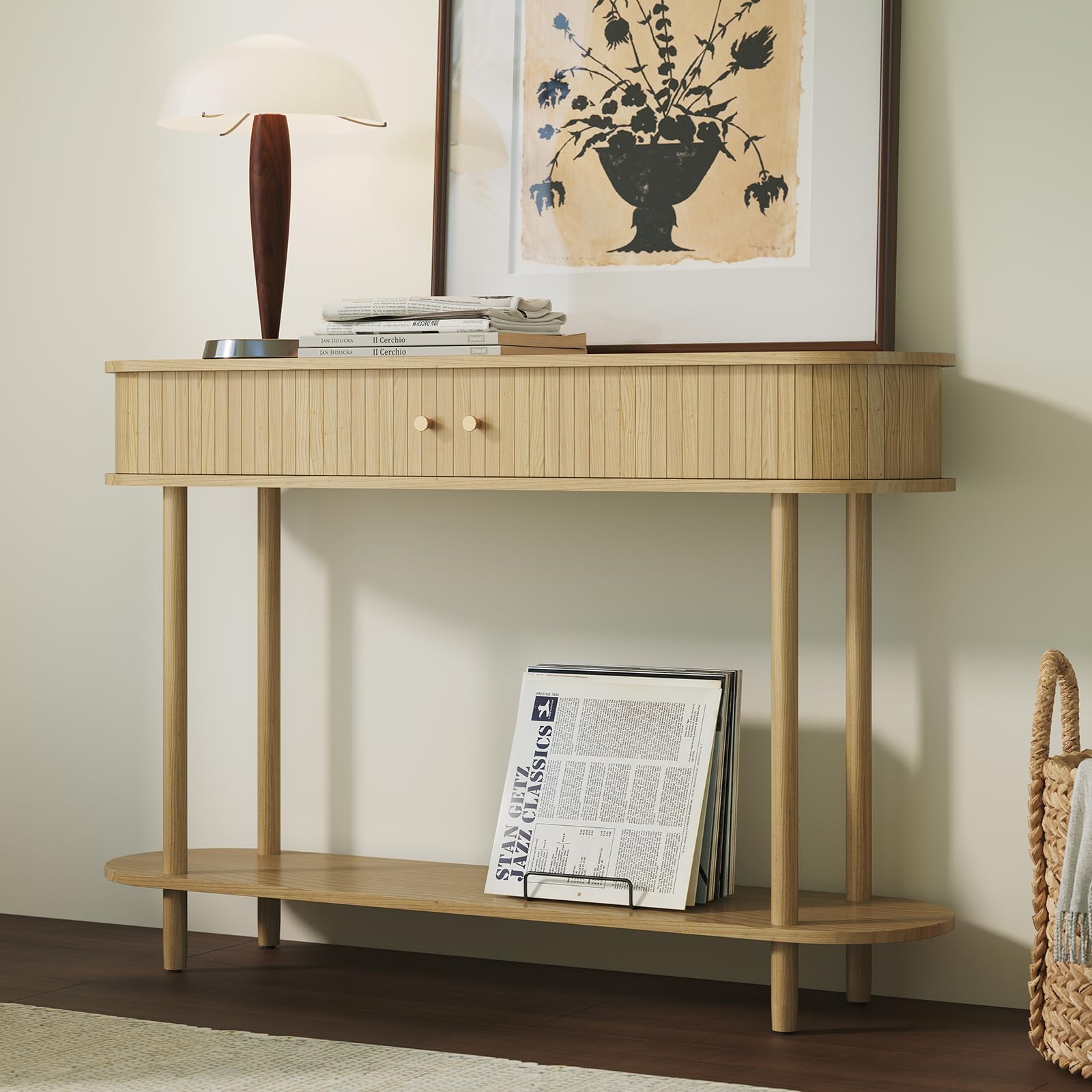 HOLTICO Console Table with Drawers and Tambour Door, Oak Entryway Table Wooden Narrow Console & Sofa Tables for Hallway, Living Room, Bedroom