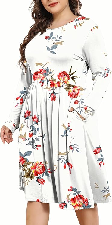 POSESHE Women's Plus Size Dresses 2024 Long Sleeves Crew Neck Casual Dresses Empire Waist Loose Flowy Dress with Pockets