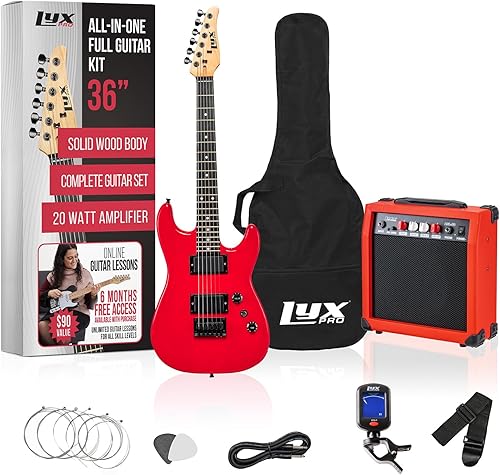 LyxPro Guitarra eléctrica de 36 pulgadas y kit para niños con guitarra para principiantes de tamaño 3/4, amplificador, seis cuerdas, dos púas, Rojo