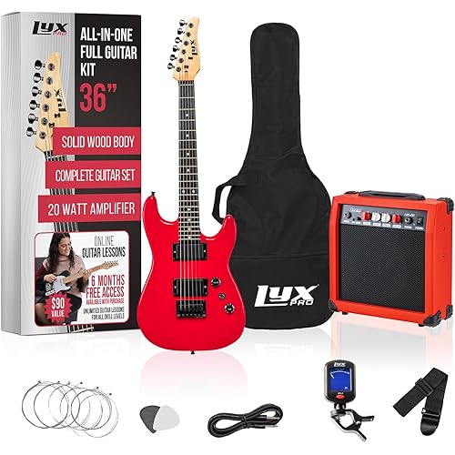 LyxPro 36 Inch Electric Guitar and Kit for Kids with 3/4 Size Beginner’s Guitar, Amp, Six Strings, Two Picks, Shoulder Strap, Digital Clip On Tuner, Cable and Soft Case Gig Bag -Red