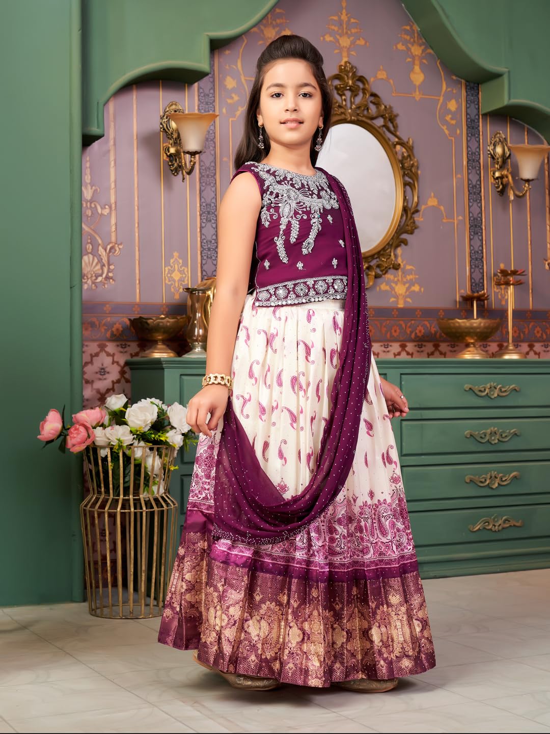 Aarika Girls Ethnic Wear Purple-Cream Colour Mirror Embroidery Georgette Lehenga Choli Set With Attached Dupatta-4-15 Years (Lch-9435)