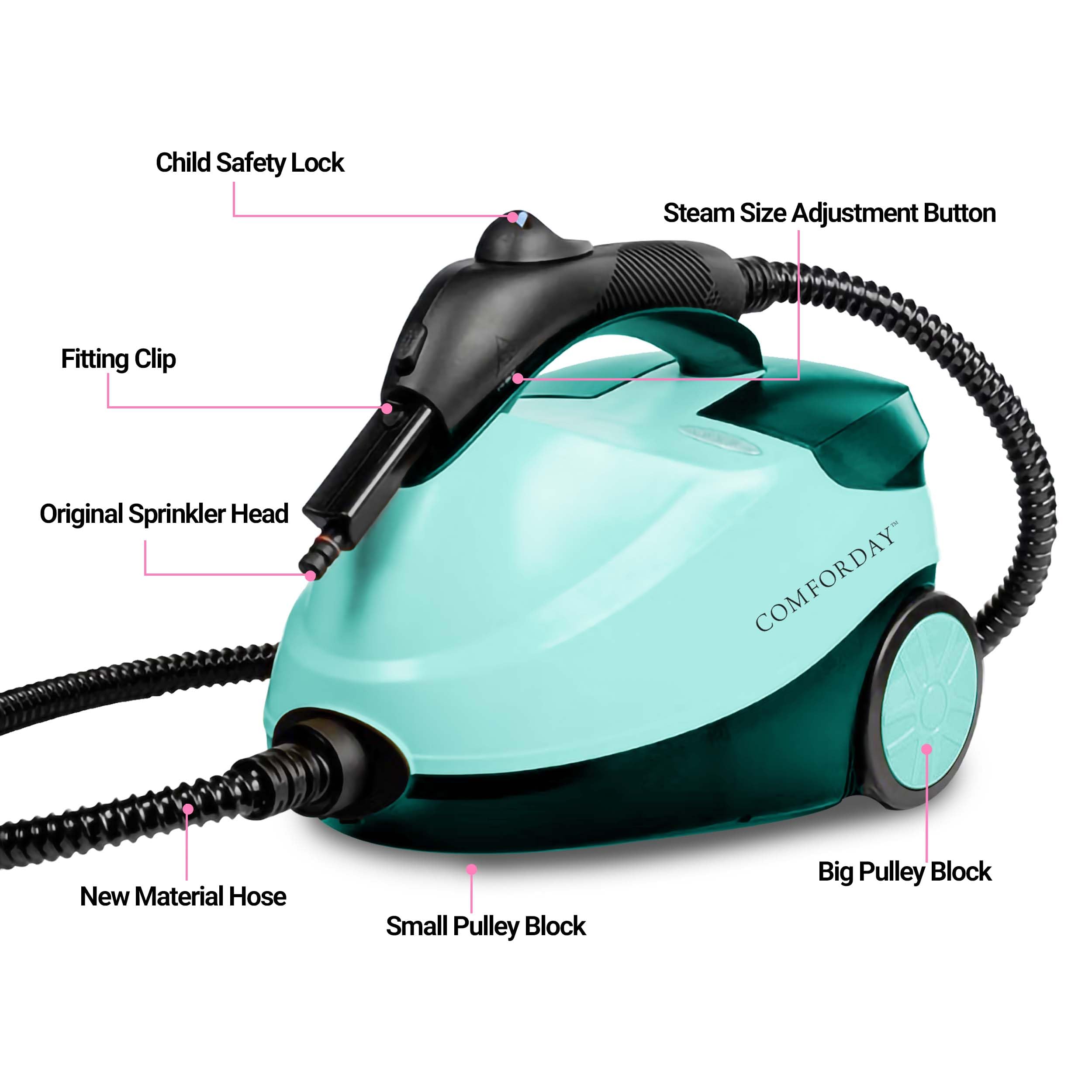 Comforday Limpiador a Vapor de 2000 W con 17 Accesorios, Tanque de 1,5 L (51 Oz) y Cable de 3 M – Ideal para Limpiar Pisos, Cocinas, Ventanas, Hornos y Automóviles