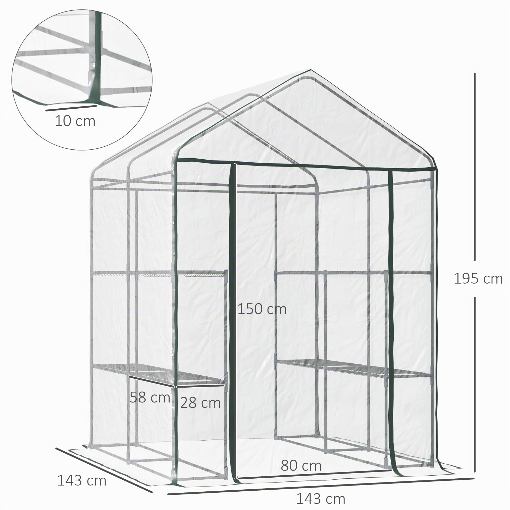 Outsunny Invernadero de Exterior de 3 Niveles con Estantes 143x143x195 cm | Marco de Acero con Cubierta de Pvc para Cultivo de Plantas, Flores y Verduras, Translúcido y Verde