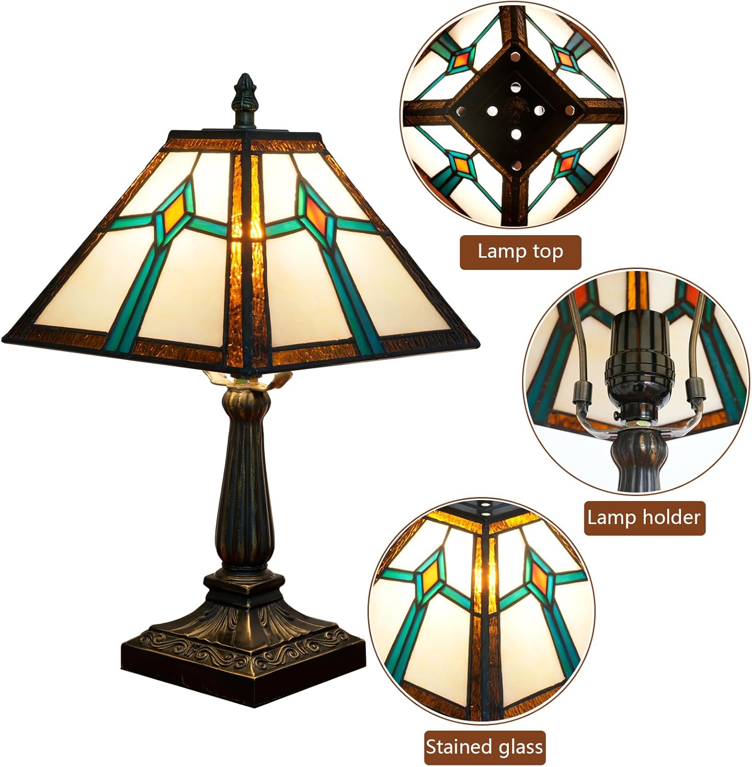 Tiffany Style Table Lamp Mission Design Stained Glass Lamp Vintage Handmade Nightstand Lamp with LED Bulbs Included for Home Living Room Bedroom Office