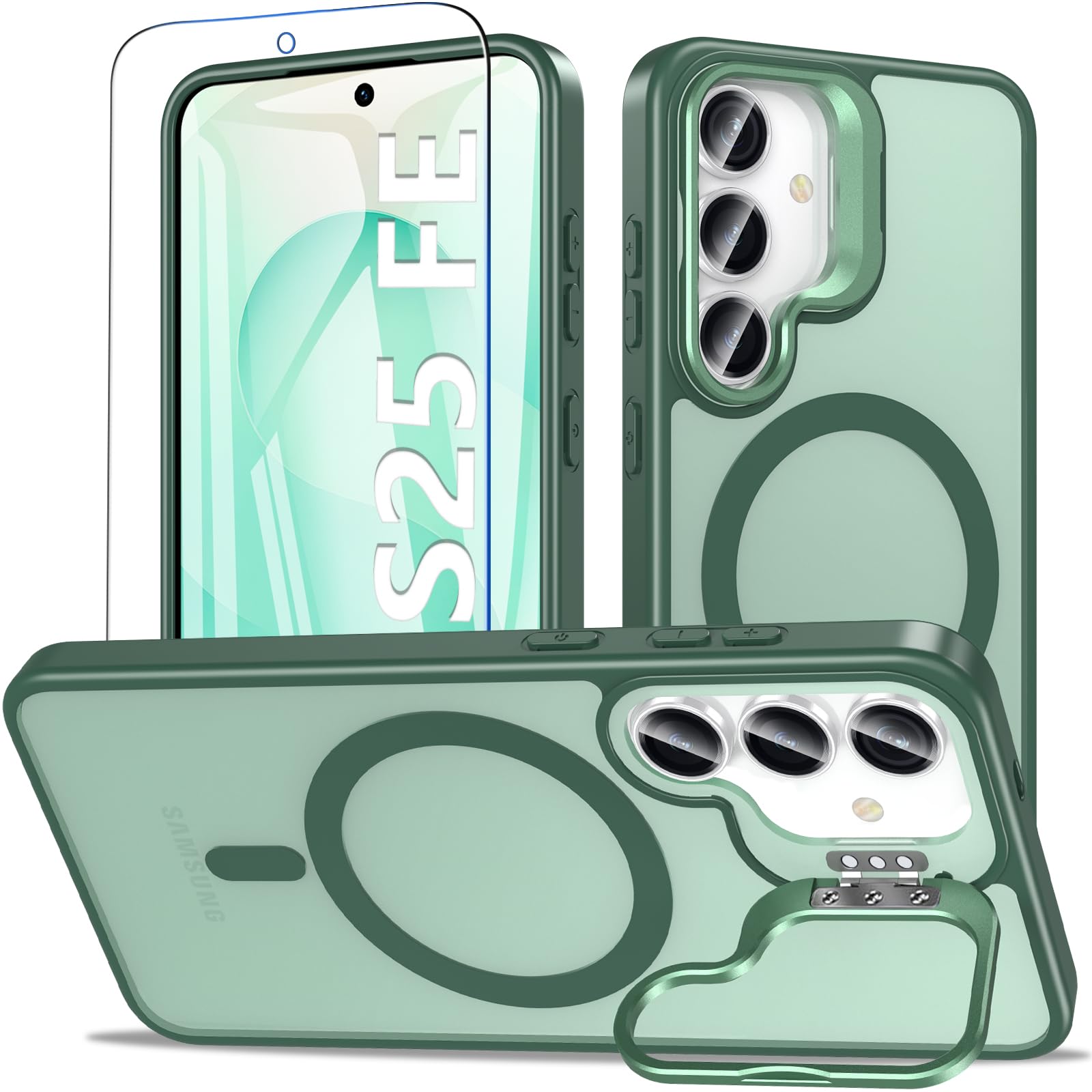 OWKEY Magnetische für Samsung Galaxy S25 FE Hülle mit Ständer,Schutzhülle für S25 FE mit Panzerglas,Militär Fallschutz Stoßfest Handyhülle für Samsung S25 FE,Durchscheinend Matt Grün