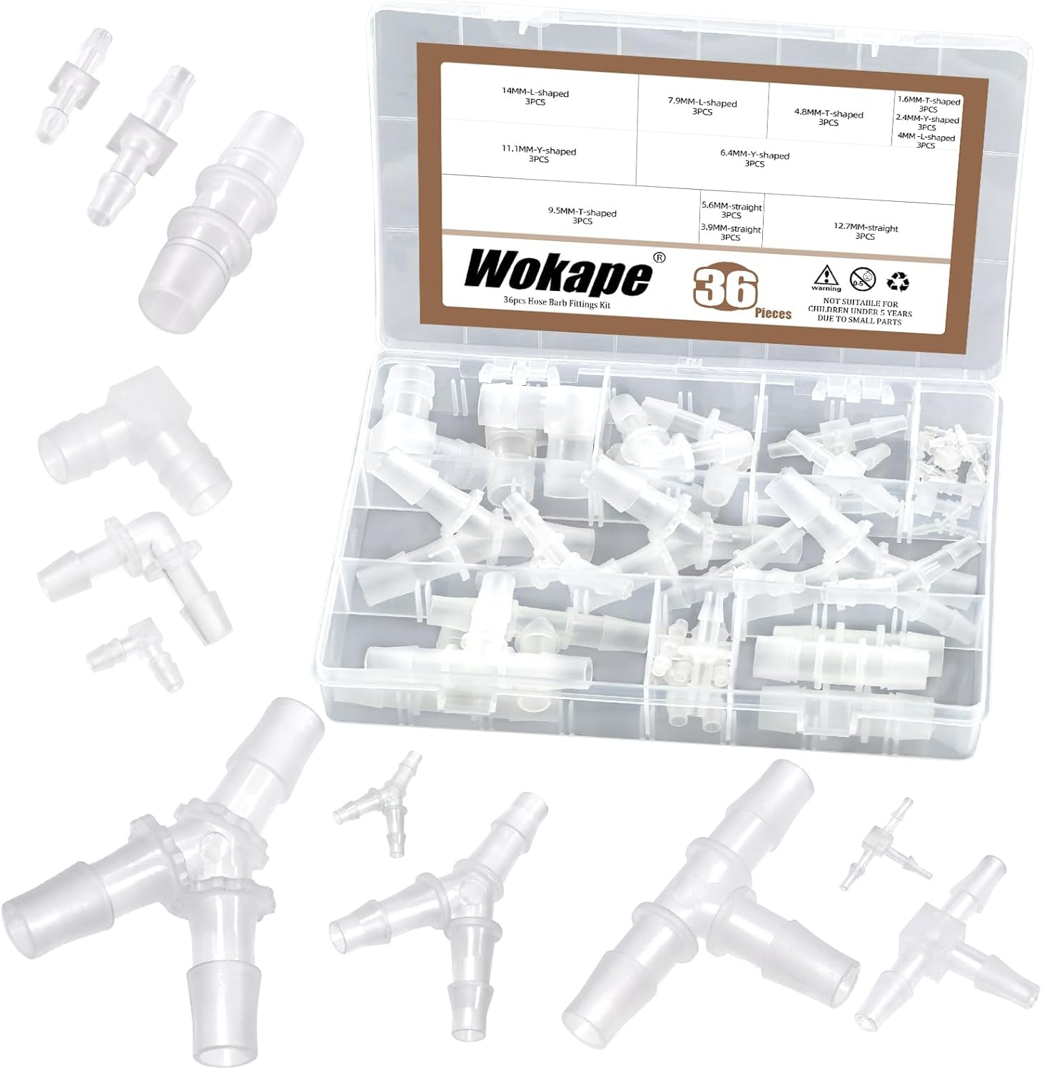 48Pcs Hose Barb Fitting Kit, 5/32" 7/32" 3/16" 5/16" 7/16" 3/8" 5/8" 1/4" 3/4" 1/2" 10 Sizes Plastic Reducer fittings W Hose Clamps Pipe Connectors Aquarium Union Splicer Adapter for Gas Air