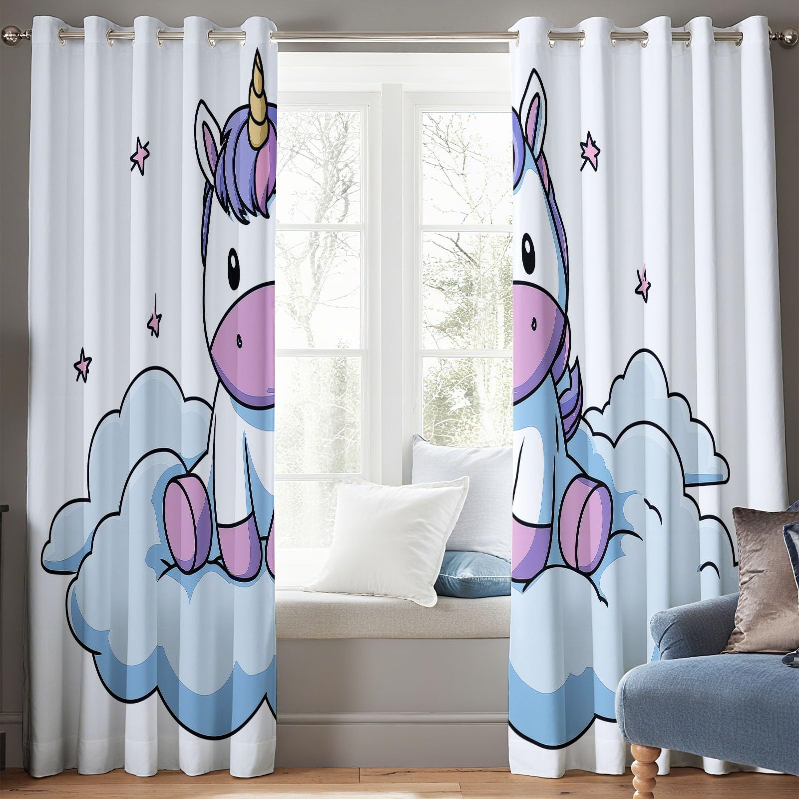 Rideau Occultant Salon Blanc Thermique Isolant Anti Froid Polyester 2 Pièces L140 x H160 cm Rideaux de Fenêtre Dessin Animé Animal Licorne pour Chambre Enfant Cuisine Décoration
