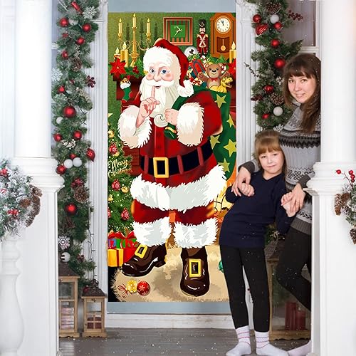 Miniatura 4 de Cubierta de puerta de Navidad, 73 x 36 pulgadas, fondo de Papá Noel, decoración de puerta de Navidad al aire libre, placa de puerta de garaje,