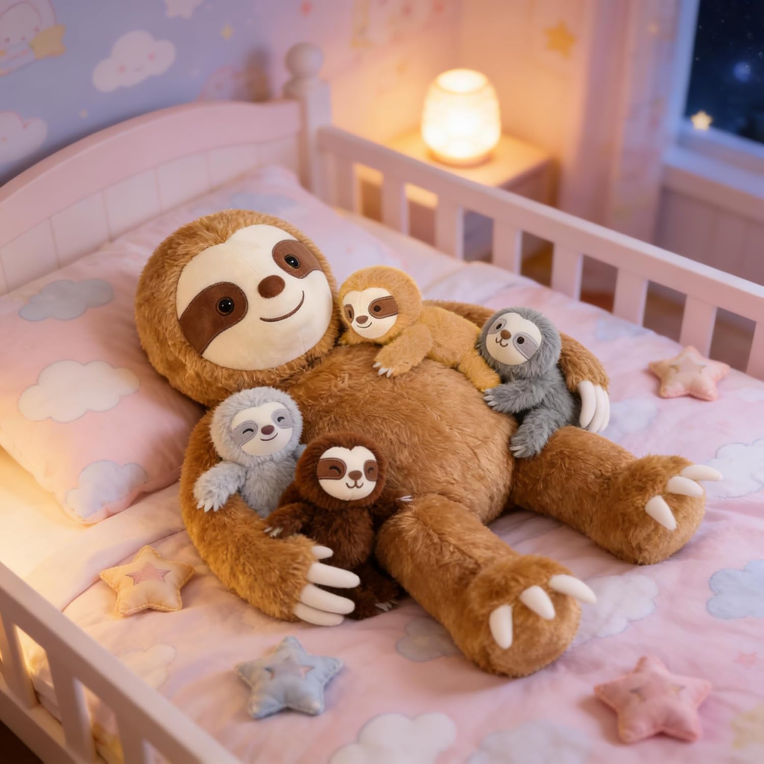 MaoGoLan Sloth Stuffed Animal Set,5 Pcs Sloth Plush Toy,Large Stuffed Mommy Sloth with Babies Sloth Toys Plushies, 3 Toed Sloth Stuffed Animal Bulk for Kids 22 inches