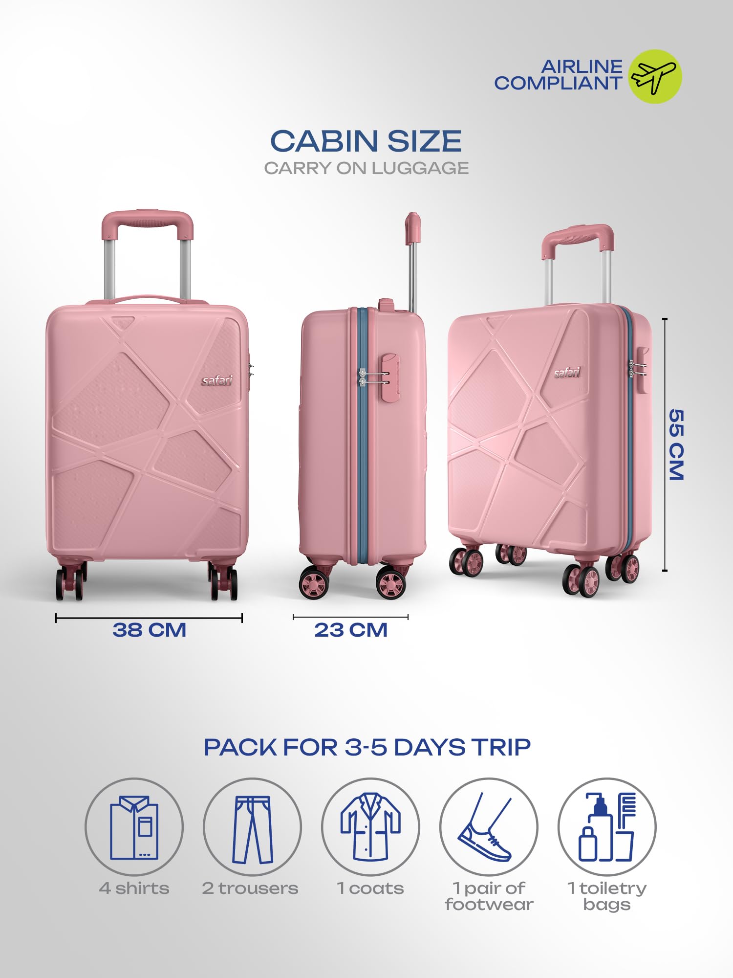 Safari Pentagon Pro 8 Wheels 55cm Cabin Size Trolley Bag, Hard Case Polypropylene, 360º Wheeling Small Carry-on Luggage, Suitcase for Travel, Trolley Bags for Travel, Rose Gold — Amazon image 6