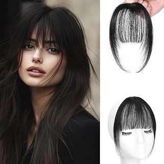 Clip In Bangs - 100% Real Human Hair Thin Wispy Bangs Hairpiece With Temple for Women - Daily Use Hair Extensions Accessories (Natural Black)