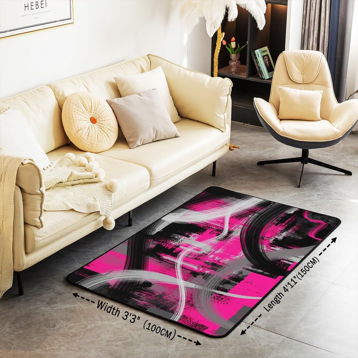 Hot Pink Grey Black AbstractIndoor Floor Mat 5x7 Geometric Area Rug for Kids Boys Girls Decor Modern Decor Carpet Soft Microfiber Circle Bedroom Decor