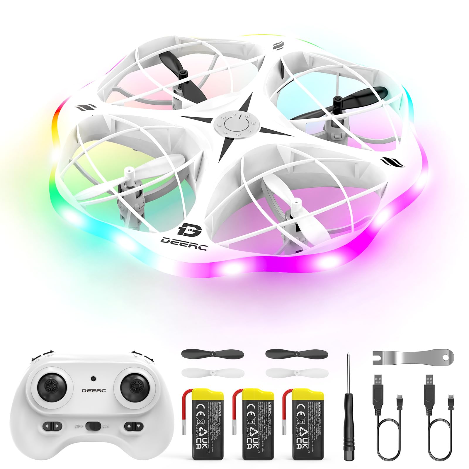 DEERC D13 Mini Drone per Bambini con Evitamento Ostacoli, 6 Modalità LED, Mini UFO Facile da Usare con 3 Batterie per Volo Prolungato, Lancio a Mano, Flip 3D, Regalo per 6-12 Anni