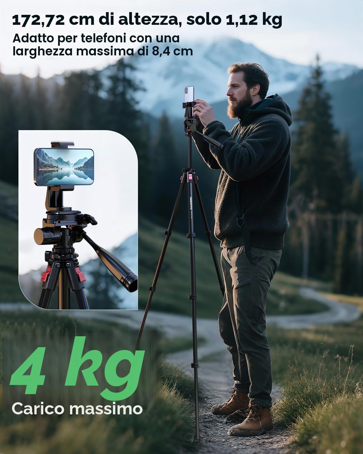 Treppiede da viaggio leggero per fotocamera da 173 cm, compatto e portatile, in alluminio, compatibile con telefono Canon/Nikon (supporta 4 kg, pesa 1,12 kg), nero