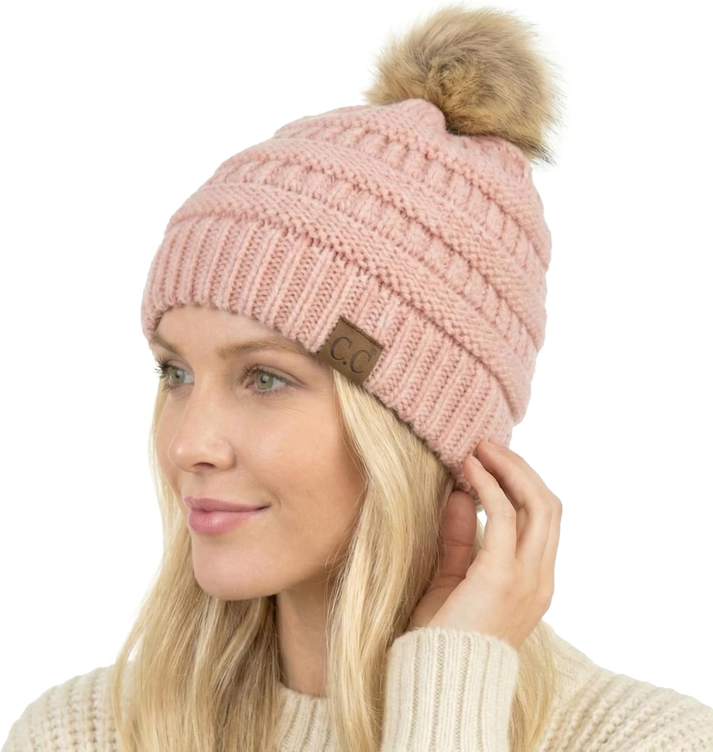 C.C Trendy Fuzzy Fleece Lined Warm Comfortable Soft Stretch Cable Knit Ribbed Faux Fur Pom Pom Beanie Hat