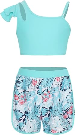 Girls Athletic 2 Pcs Swimsuits Ruffles One Shoulder Crop Top with Shorts Tankini Sets